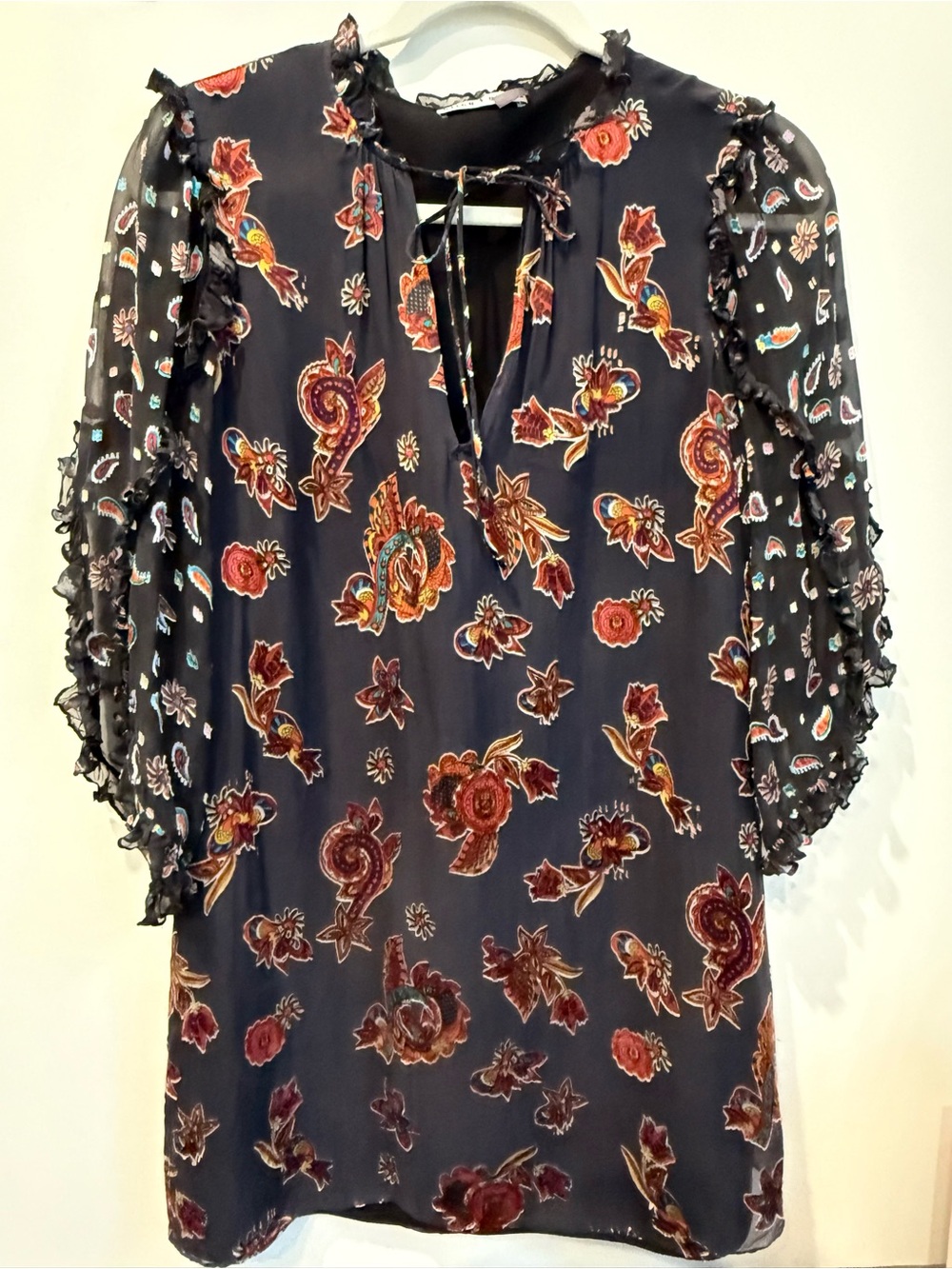 Alice + Olivia Navy Floral Ruffled Tie-Neck Dress
